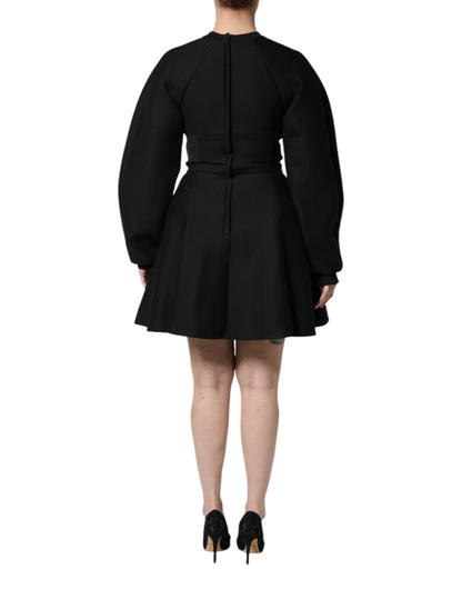 Dolce & Gabbana Schwarzes Baumwoll-Minikleid mit langen Ärmeln und A-Linie