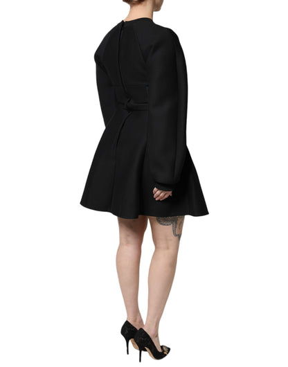Dolce & Gabbana Black Cotton Mini Dress with Long Sleeves and A-Line