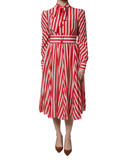 Dolce & Gabbana Weiß-rotes gestreiftes Seiden-Midikleid