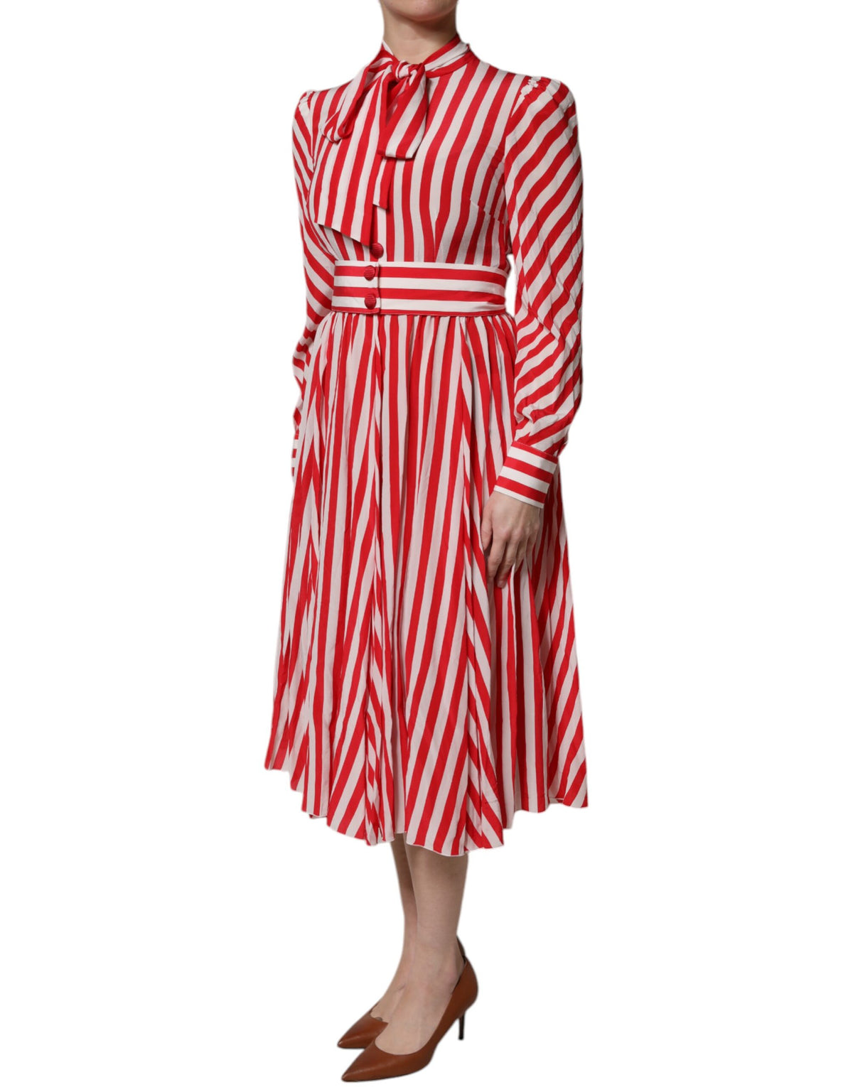 Dolce & Gabbana Weiß-rotes gestreiftes Seiden-Midikleid