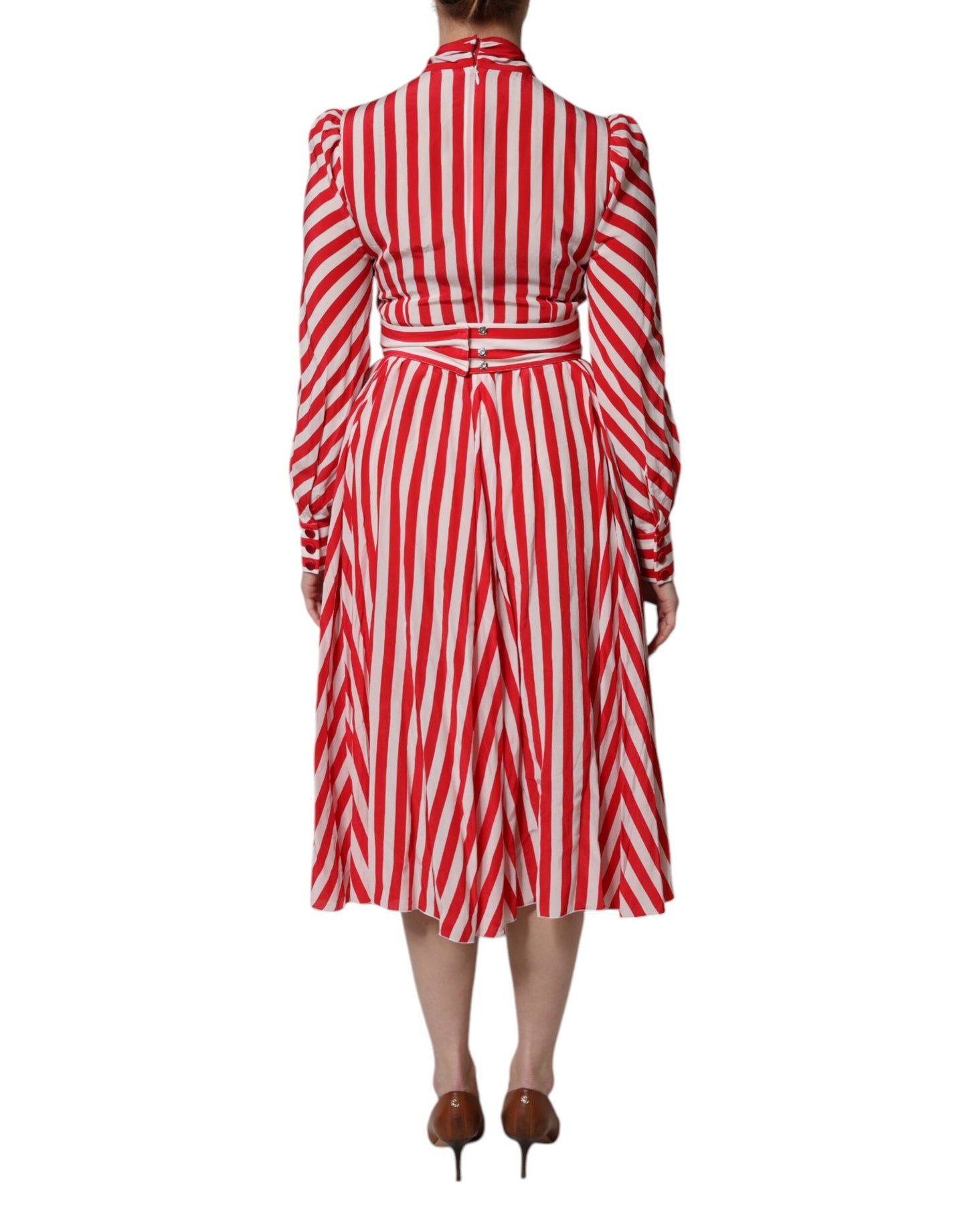 Dolce & Gabbana Weiß-rot gestreiftes Midikleid mit langen Ärmeln
