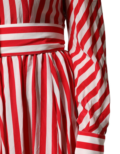 Dolce & Gabbana Weiß-rot gestreiftes Midikleid mit langen Ärmeln