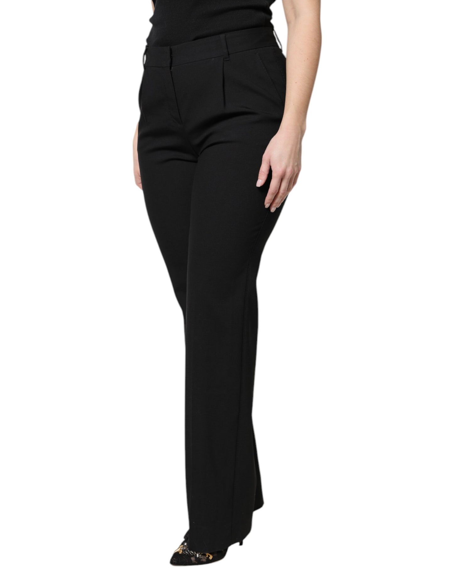 Dolce & Gabbana Schwarze Wollhose mit hoher Taille und Stiefelschnitt