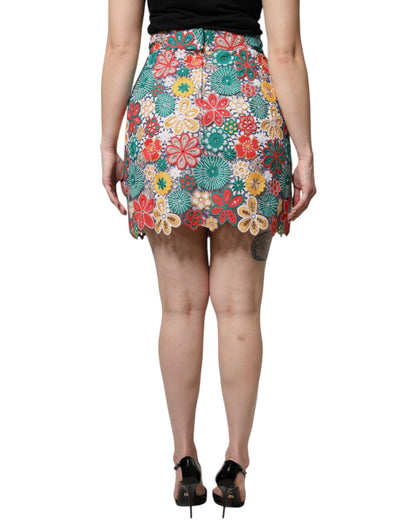 Dolce & Gabbana Multicolor Floraler Spitzen-Minirock mit hoher Taille