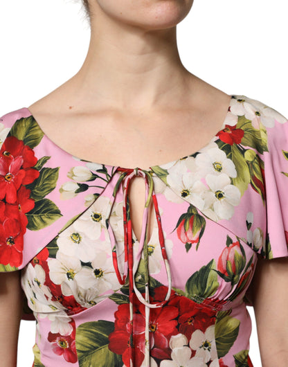 Dolce & Gabbana Rosa geblümtes Seidenblusentop mit kurzen Ärmeln