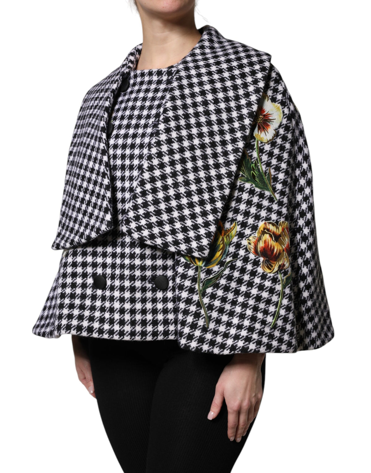 Dolce & Gabbana Schwarz-weißes Wollcape mit Blumenapplikationen