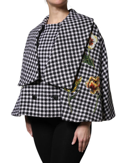 Dolce & Gabbana Schwarz-weißes Wollcape mit Blumenapplikationen