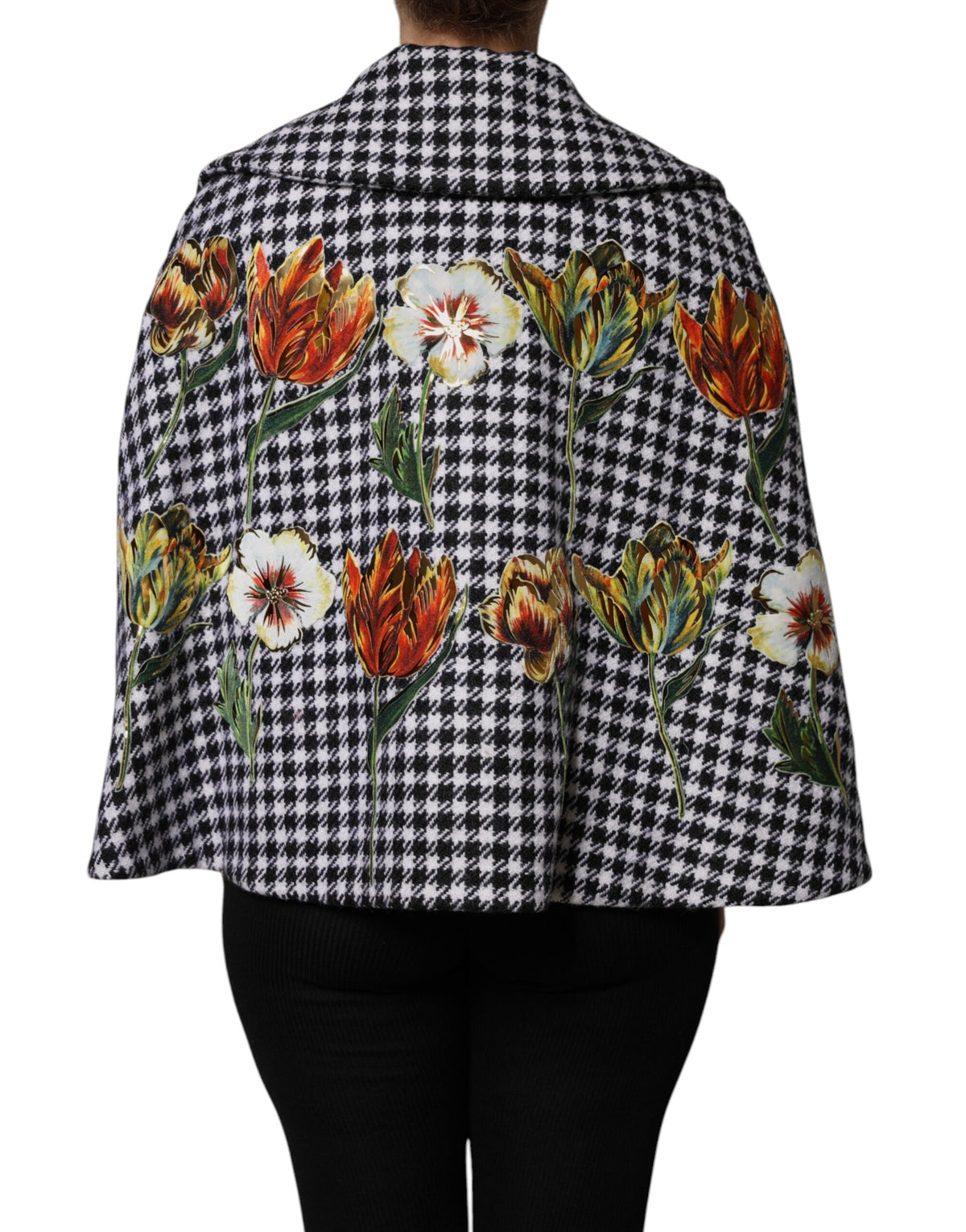 Dolce & Gabbana Schwarz-weißes Wollcape mit Blumenapplikationen