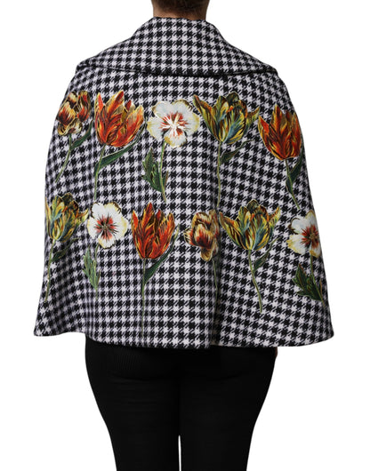 Dolce & Gabbana Schwarz-weißes Wollcape mit Blumenapplikationen