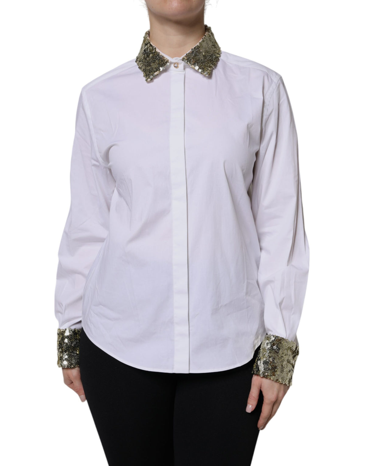 Dolce & Gabbana Camicia a maniche lunghe con paillettes bianca in cotone e poliestere e fibra elasticizzata