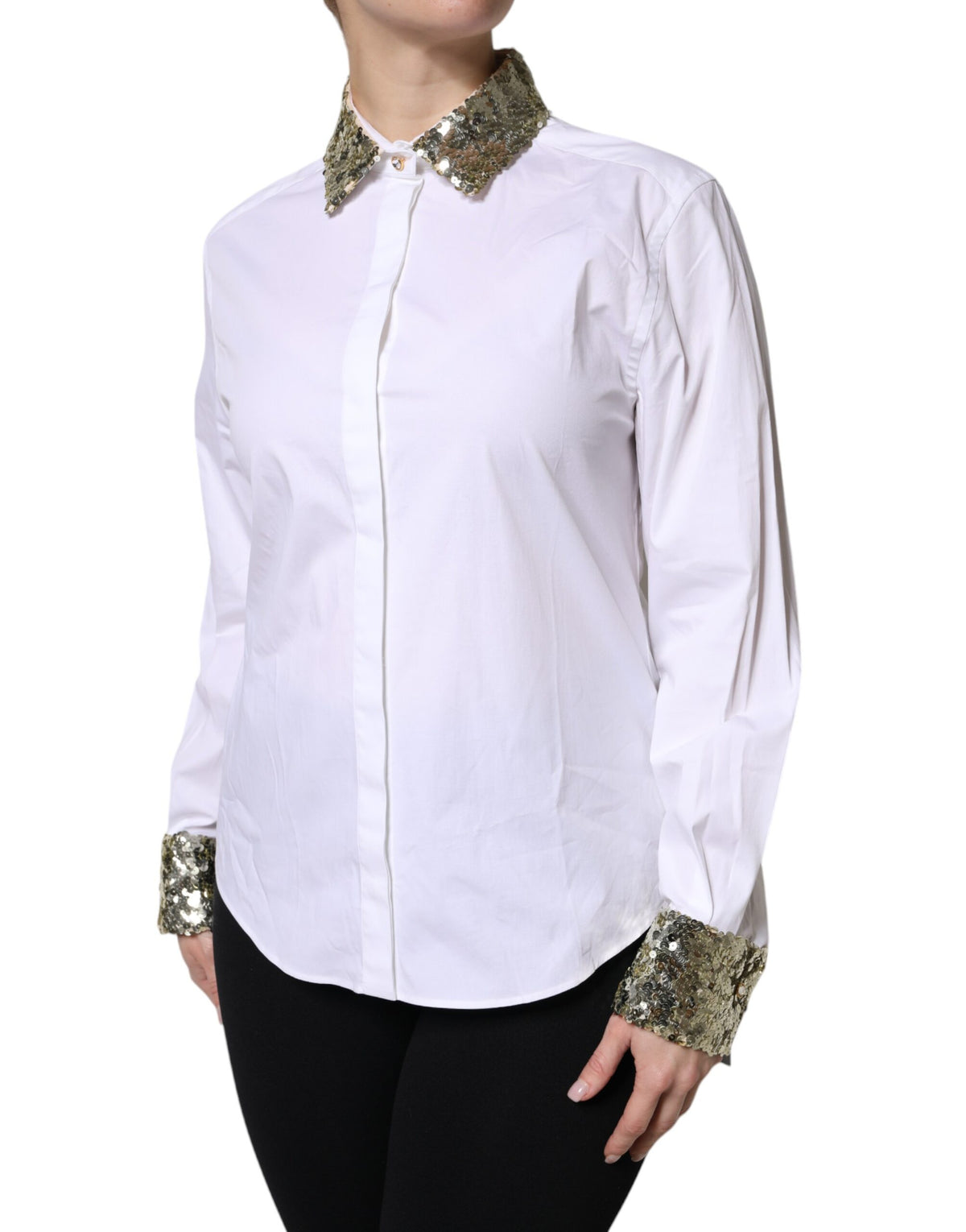 Dolce & Gabbana Camicia a maniche lunghe con paillettes bianca in cotone e poliestere e fibra elasticizzata