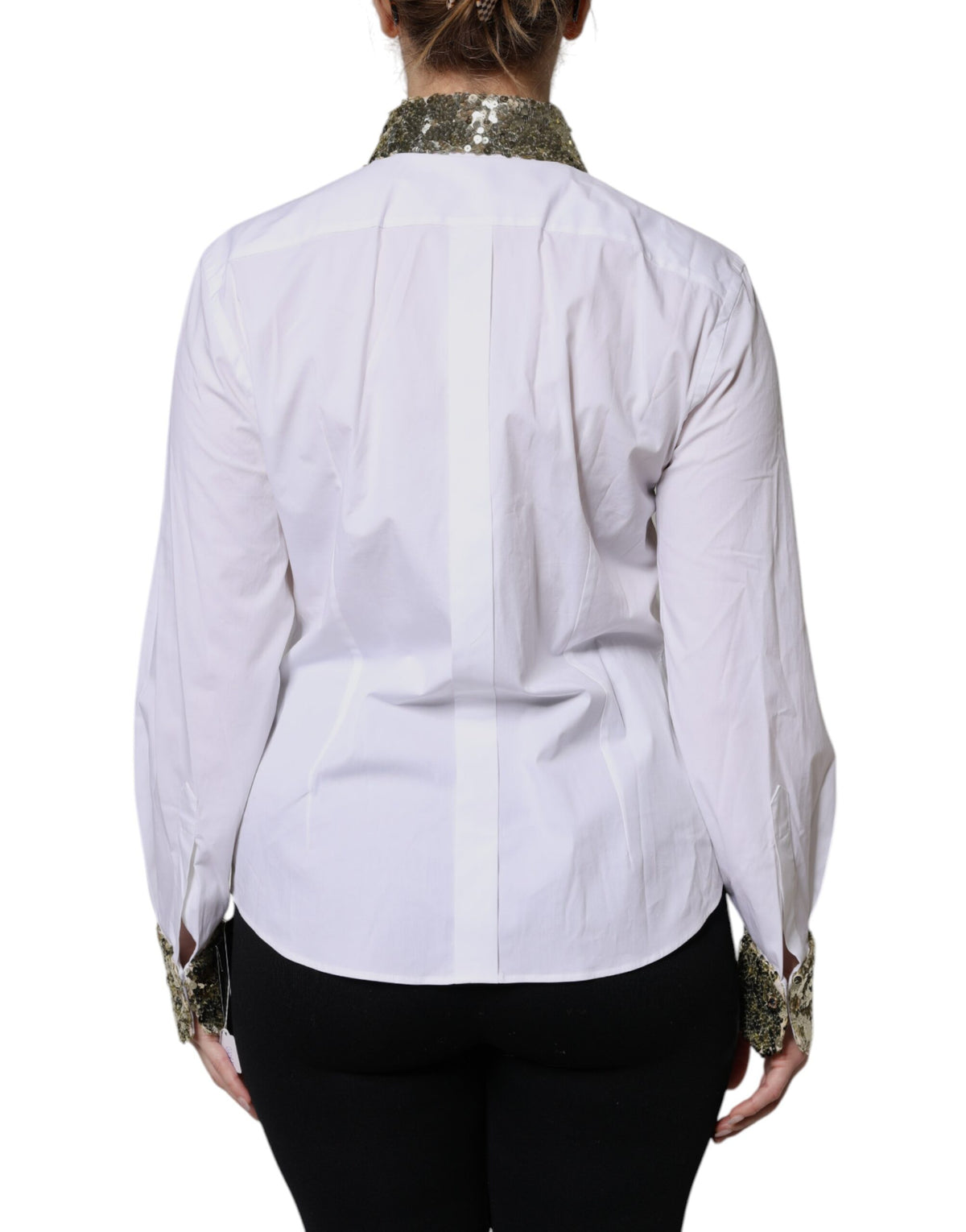 Dolce & Gabbana Camicia a maniche lunghe con paillettes bianca in cotone e poliestere e fibra elasticizzata