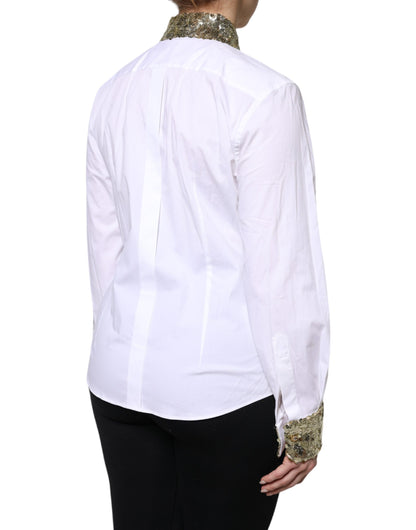 Dolce & Gabbana Weißes Baumwollshirt mit langen Ärmeln und Pailletten