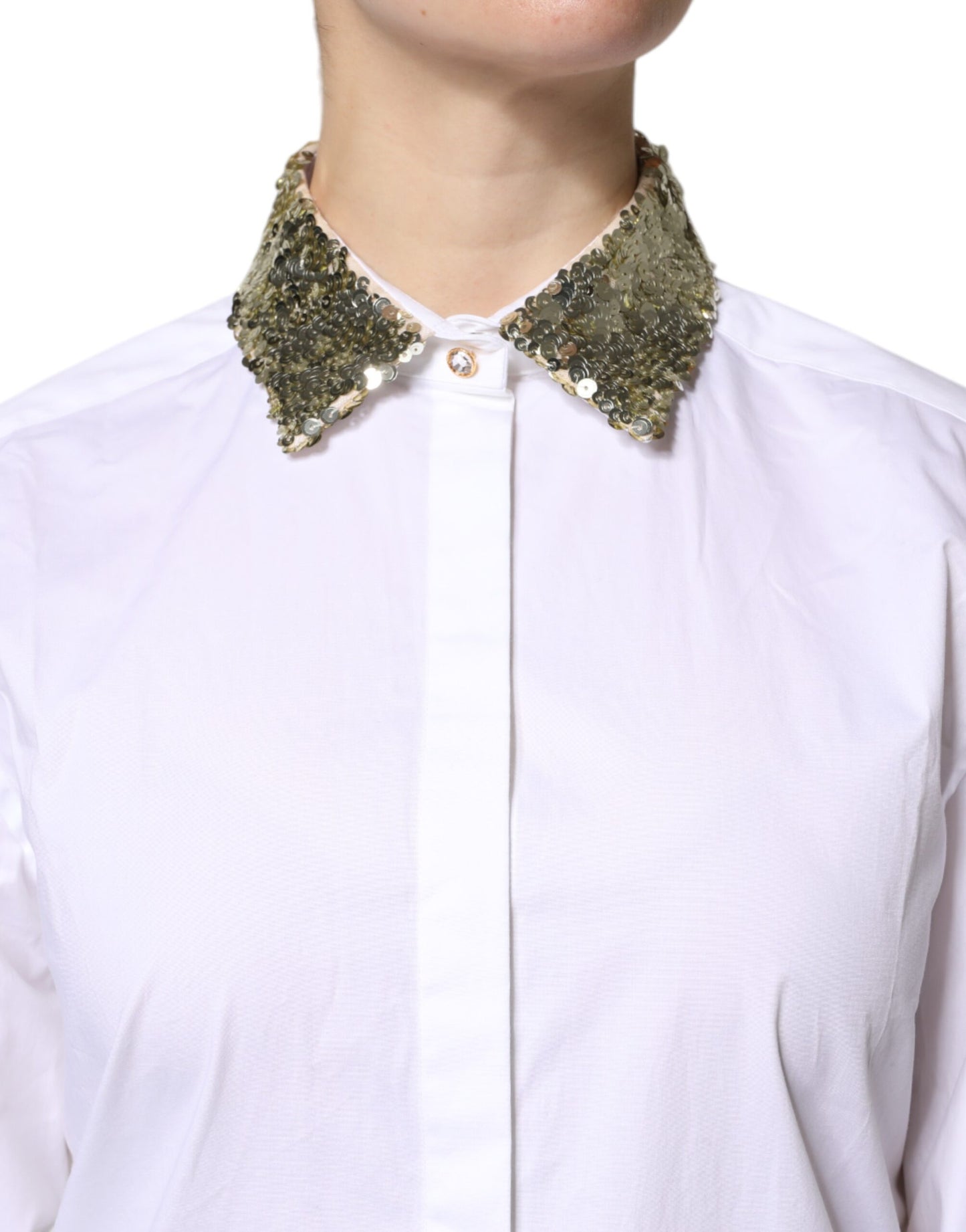 Dolce & Gabbana Weißes Baumwollshirt mit langen Ärmeln und Pailletten