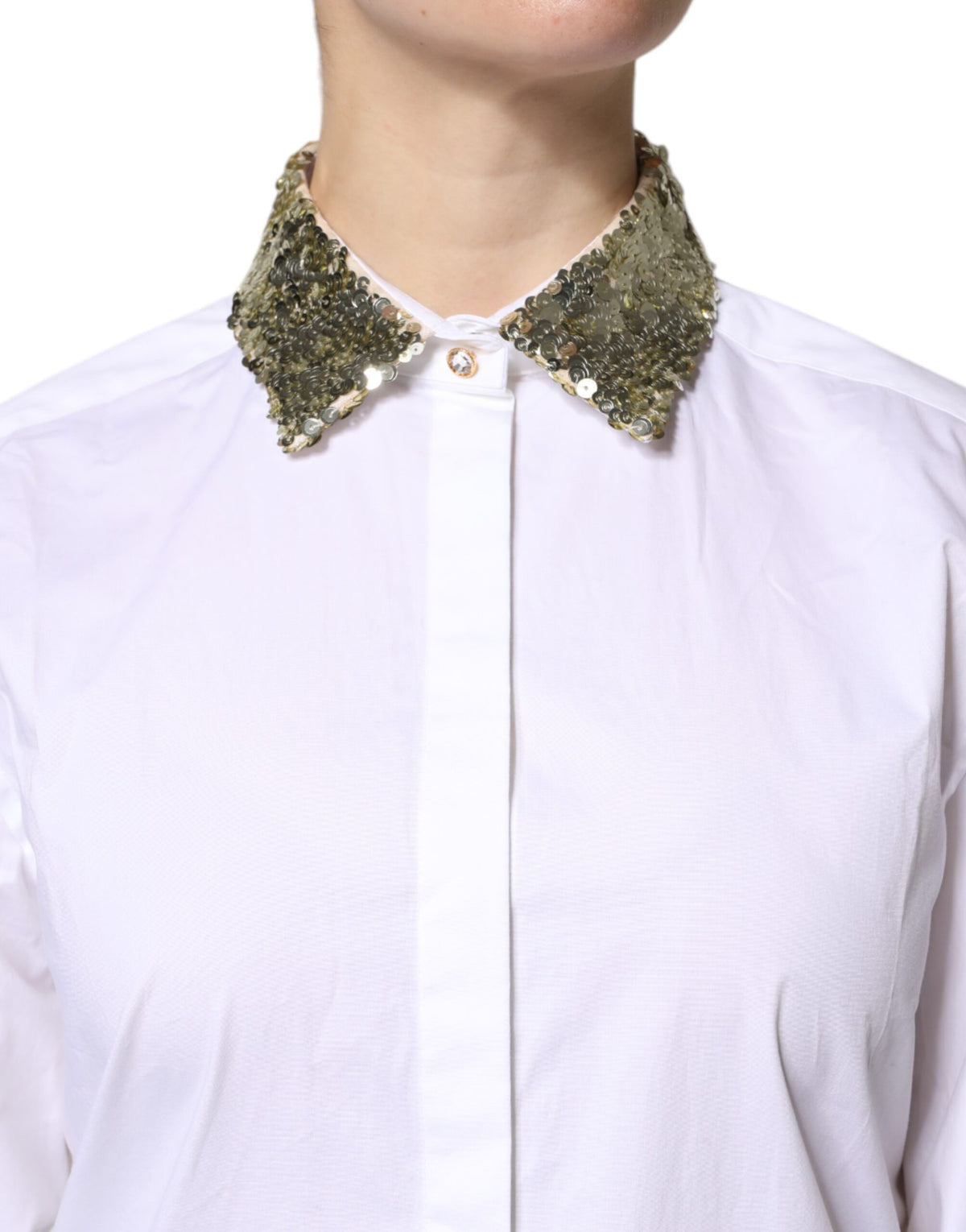 Dolce & Gabbana Camicia a maniche lunghe con paillettes bianca in cotone e poliestere e fibra elasticizzata