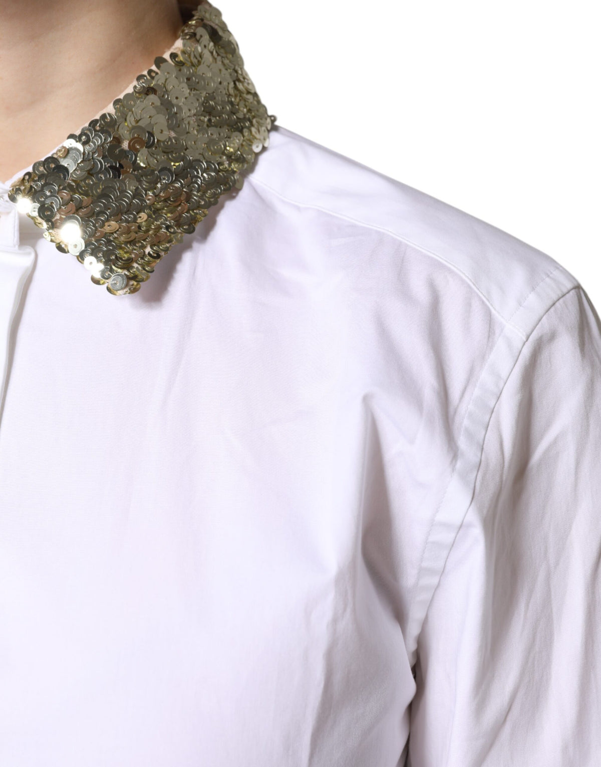 Dolce & Gabbana Camicia a maniche lunghe con paillettes bianca in cotone e poliestere e fibra elasticizzata