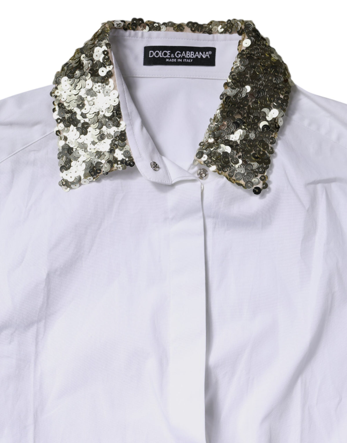 Dolce & Gabbana Camicia a maniche lunghe con paillettes bianca in cotone e poliestere e fibra elasticizzata