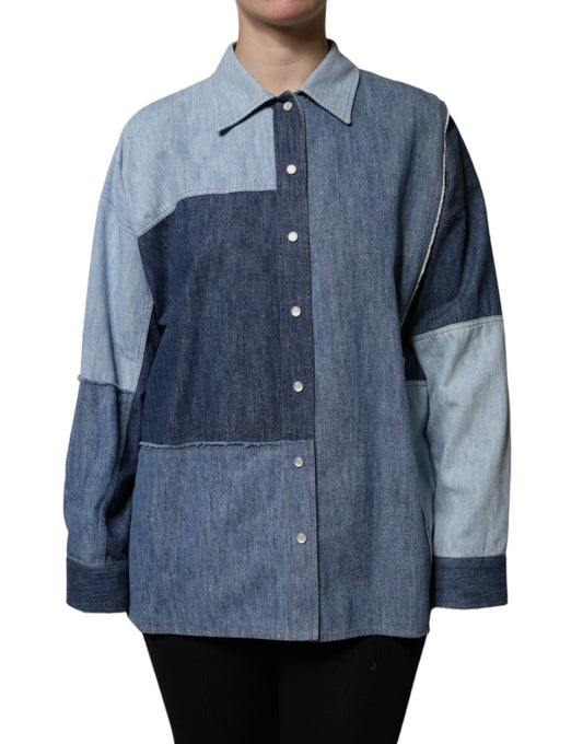 Dolce & Gabbana Blaues Langarm-Poloshirt aus Baumwolle