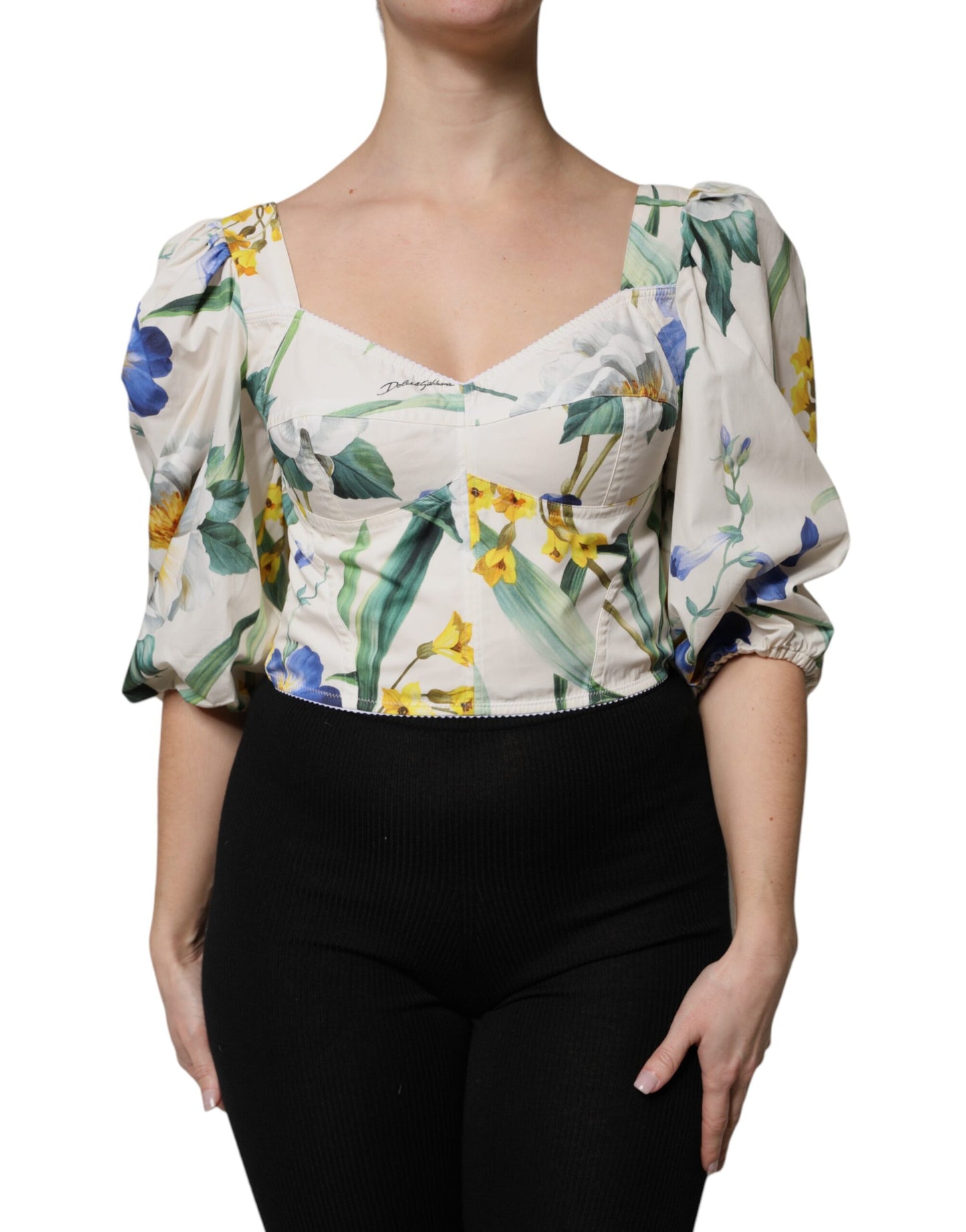 Dolce & Gabbana Weißes geblümtes Puffärmel-Kropfblusen-Top