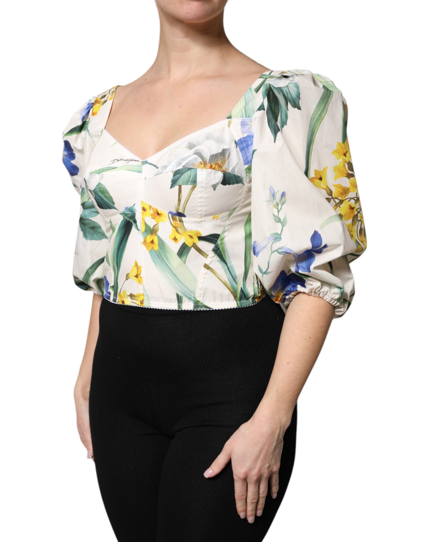 Dolce & Gabbana Weißes geblümtes Puffärmel-Kropfblusen-Top