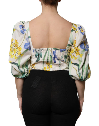 Dolce & Gabbana Weißes geblümtes Puffärmel-Kropfblusen-Top