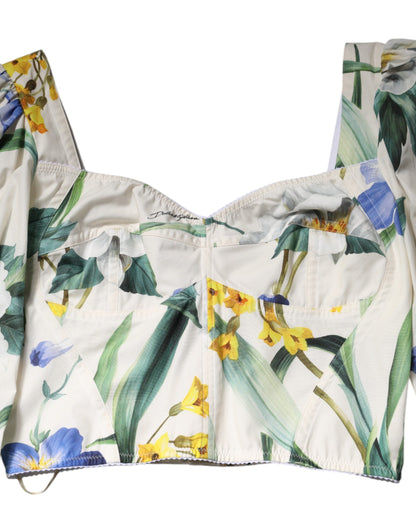 Dolce & Gabbana Weißes geblümtes Puffärmel-Kropfblusen-Top