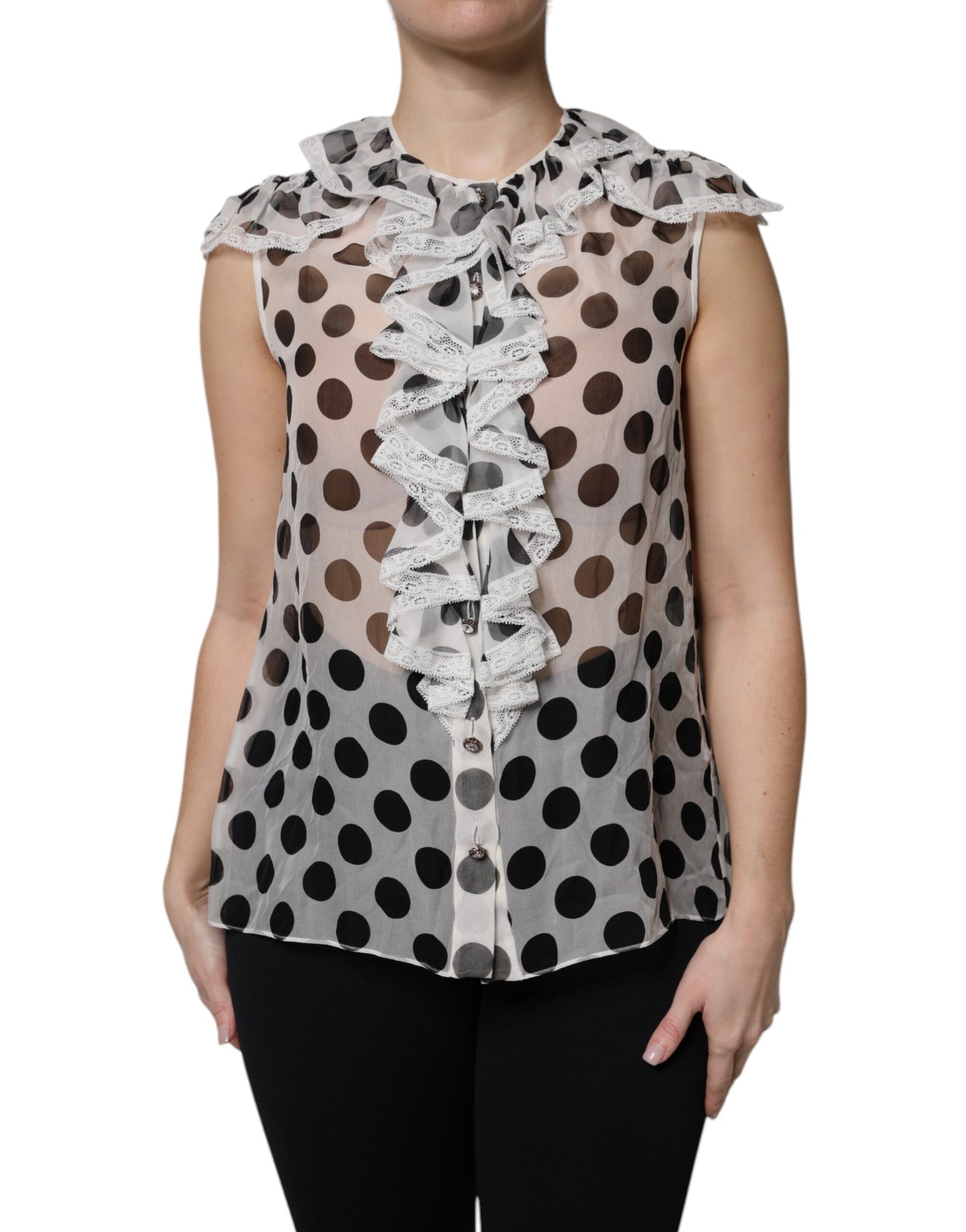 Dolce & Gabbana Weiß-schwarz gepunktetes ärmelloses Baumwoll-Top