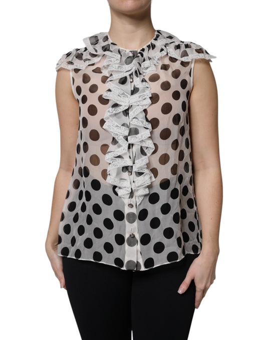 Dolce & Gabbana Weiß-schwarzes ärmelloses Seidentop mit Polka Dots