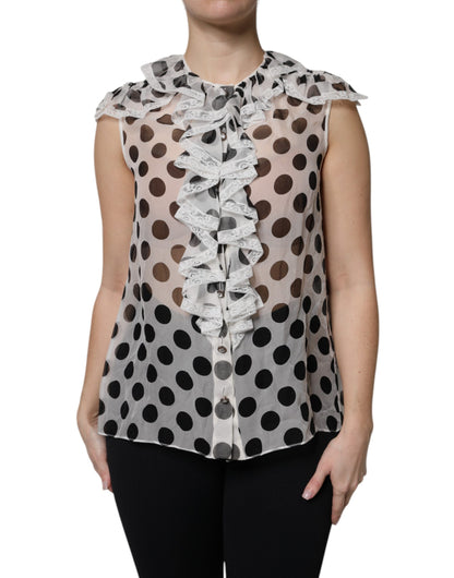 Dolce & Gabbana Weiß-schwarz gepunktetes ärmelloses Baumwoll-Top