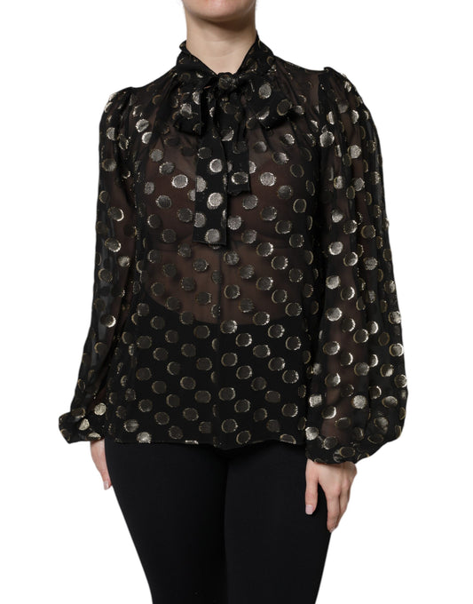 Dolce & Gabbana Schwarz-goldene Seidenbluse mit Bindekragen