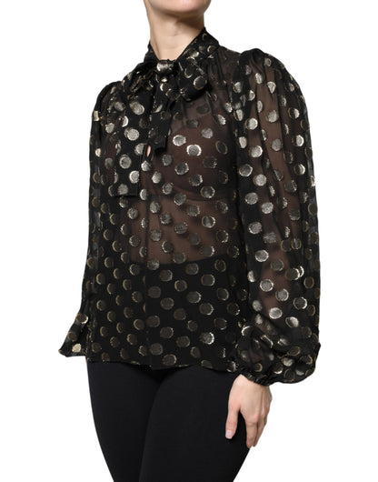 Dolce & Gabbana Schwarz-goldene Seidenbluse mit Bindekragen