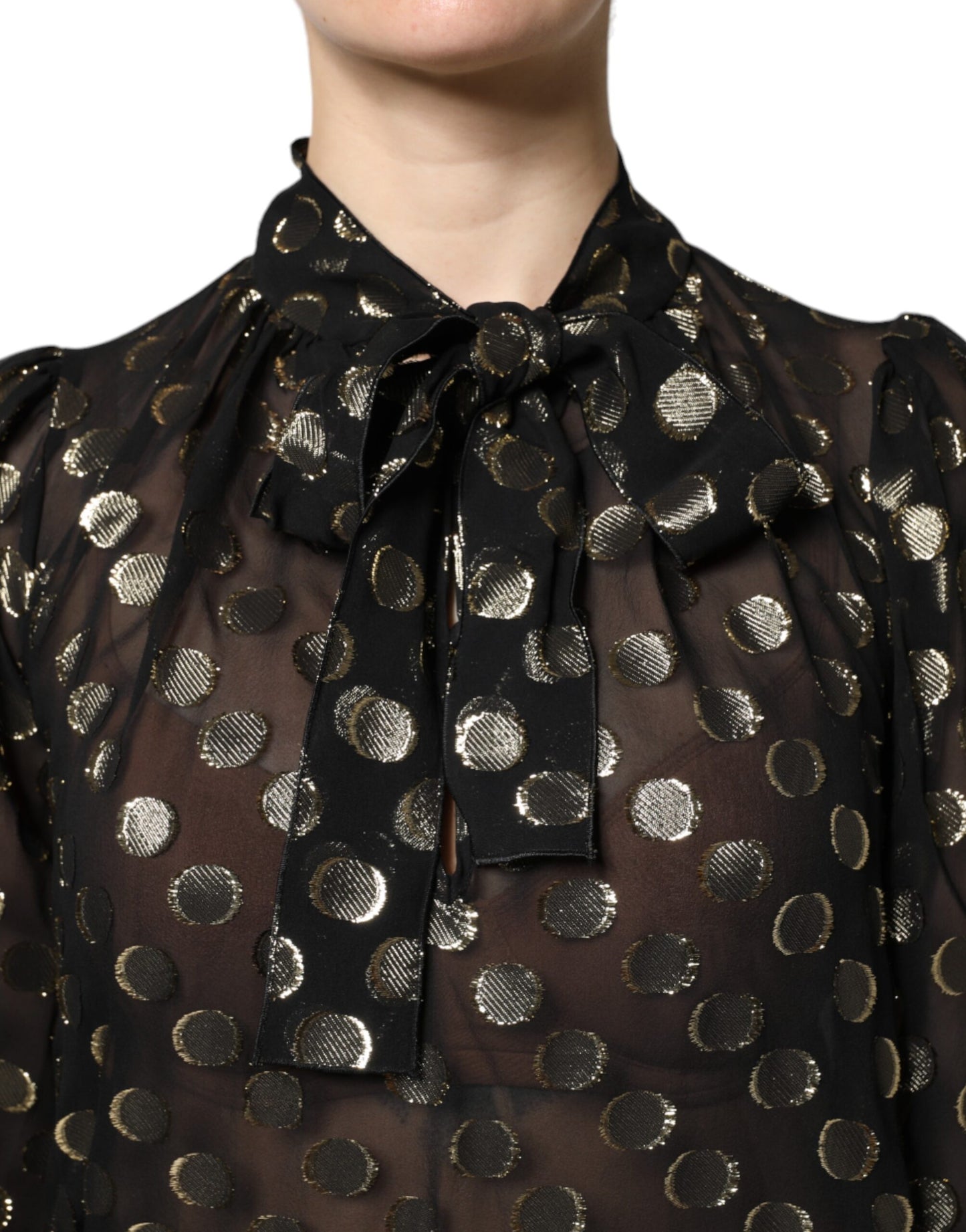 Dolce & Gabbana Schwarzes Blusentop mit geschnürtem Halsausschnitt und Polka Dots