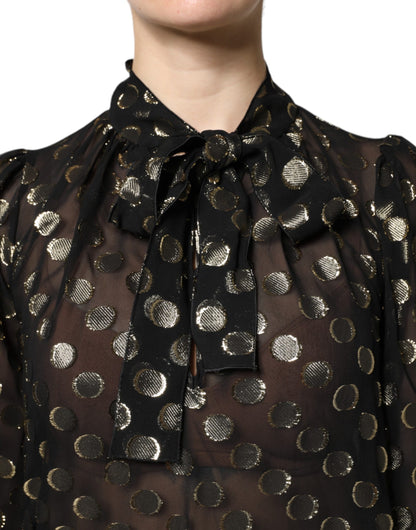 Dolce & Gabbana Schwarz-goldene Seidenbluse mit Bindekragen