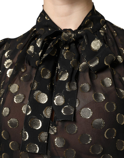 Dolce & Gabbana Schwarzes Blusentop mit geschnürtem Halsausschnitt und Polka Dots