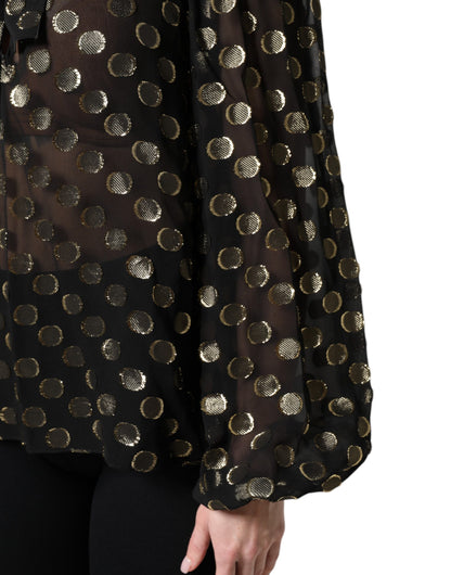 Dolce & Gabbana Schwarzes Blusentop mit geschnürtem Halsausschnitt und Polka Dots