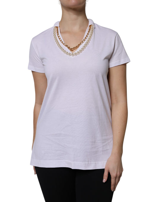 Dolce & Gabbana Weißes Baumwoll-T-Shirt mit Halsketten-Detail