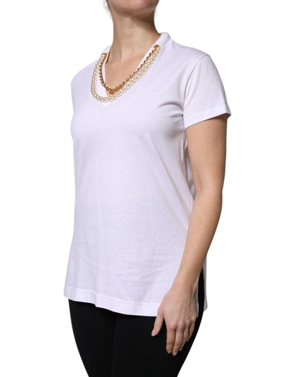 Dolce & Gabbana Weißes Baumwoll-T-Shirt mit Halsketten-Detail
