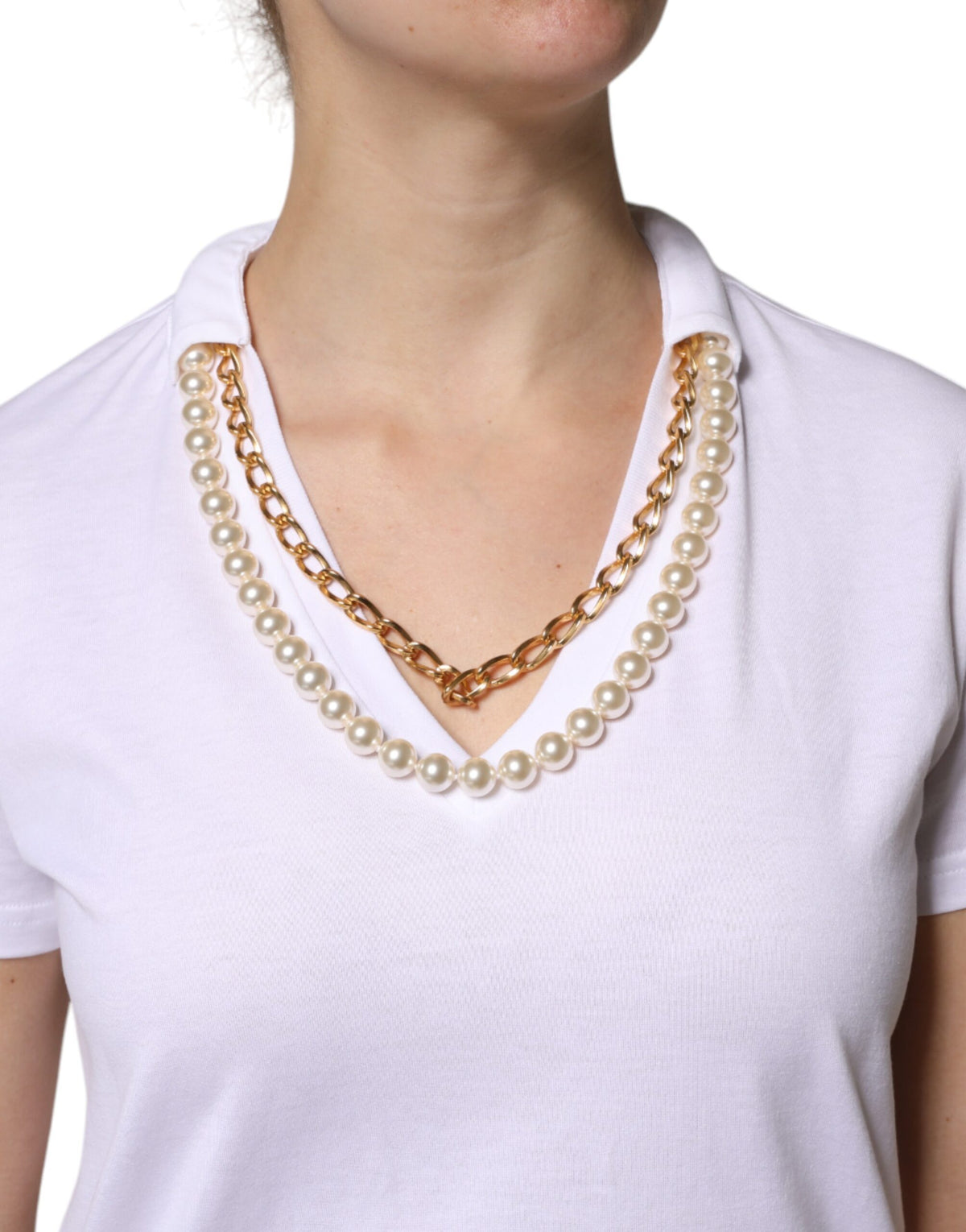 Dolce & Gabbana Weißes Baumwoll-T-Shirt mit Halsketten-Detail
