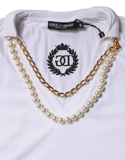 Dolce & Gabbana Weißes Baumwoll-T-Shirt mit Halsketten-Detail