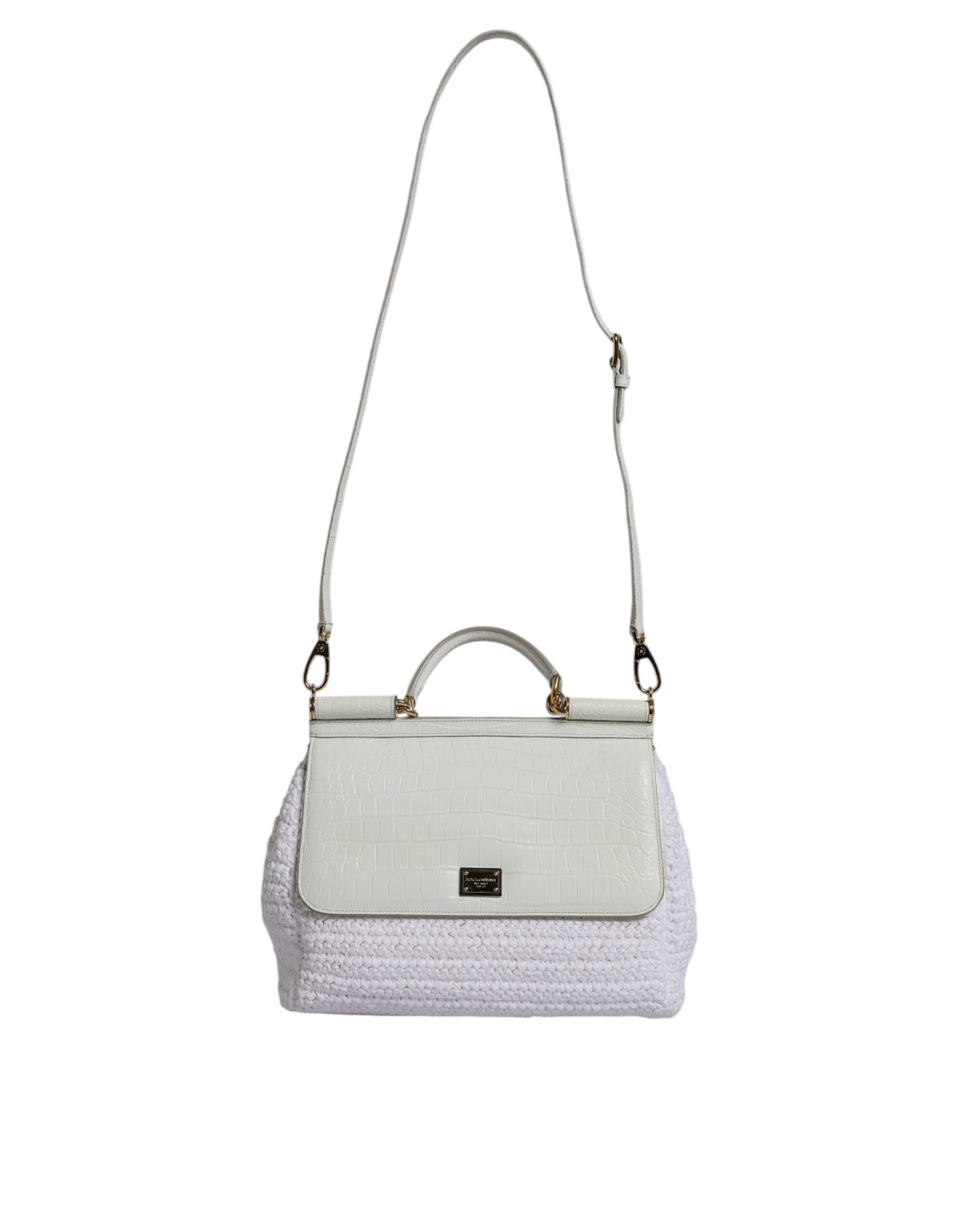 Dolce & Gabbana White Leather and Raffia Crossbody Bag