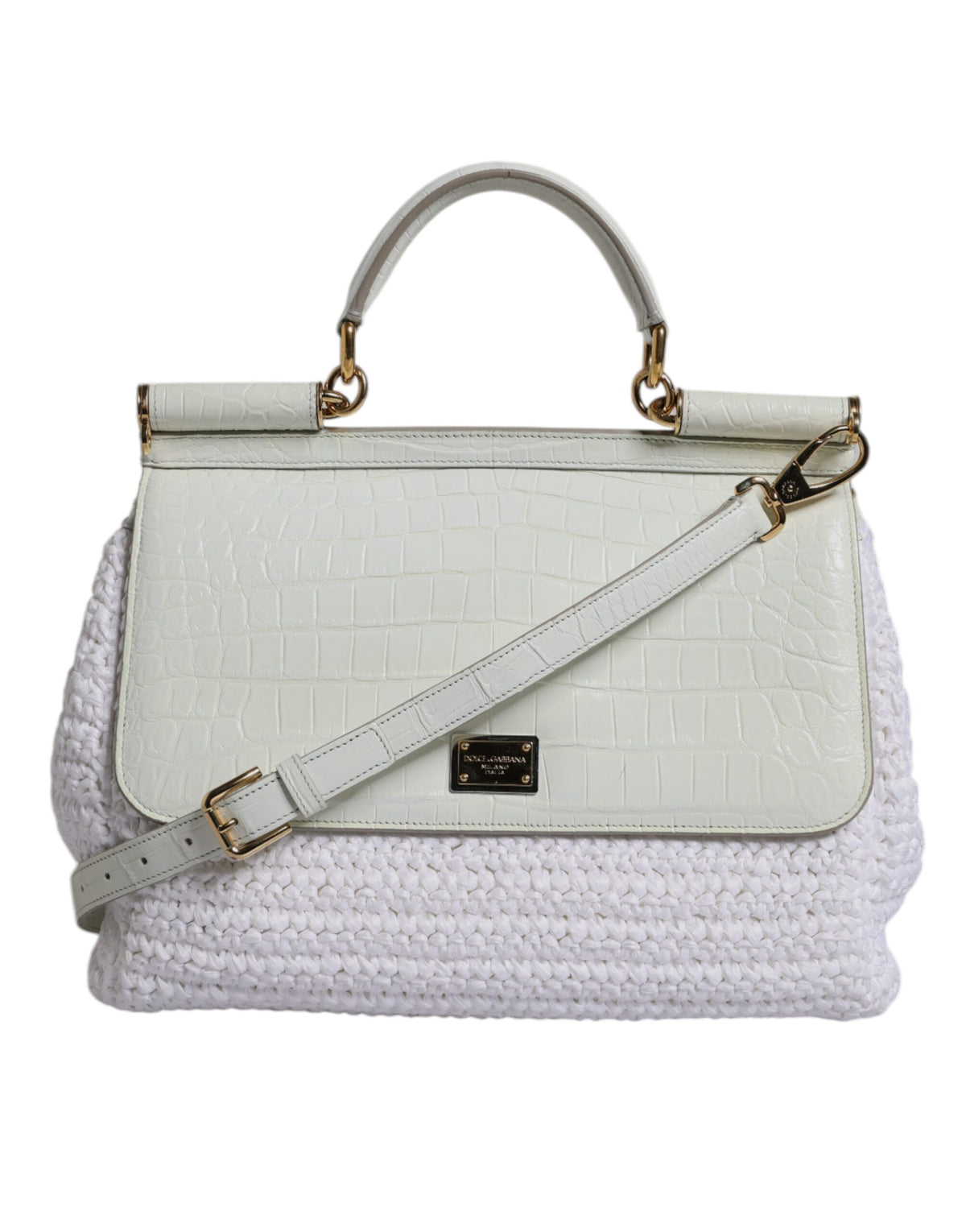Dolce & Gabbana White Leather and Raffia Crossbody Bag