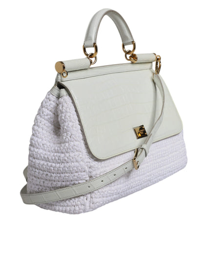 Dolce & Gabbana Weiße Rafia Leder Umhängetasche mit oberem Griff