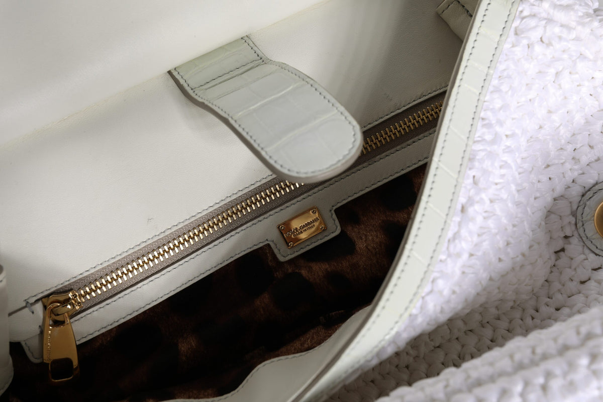 Dolce & Gabbana White Leather and Raffia Crossbody Bag