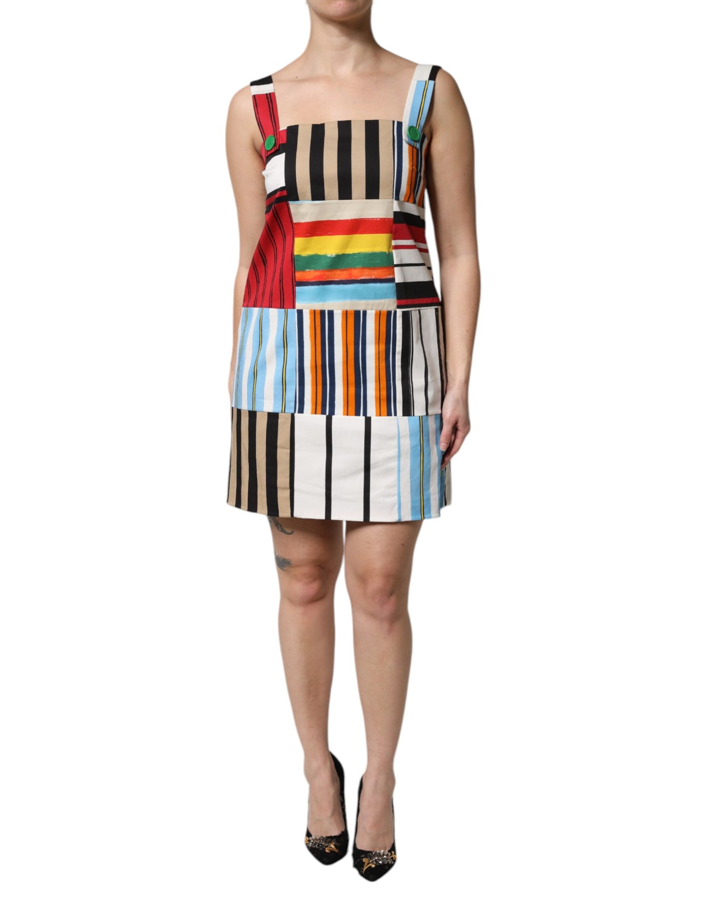 Dolce & Gabbana Multicolor Baumwollstreifen Kleid ohne Ärmel