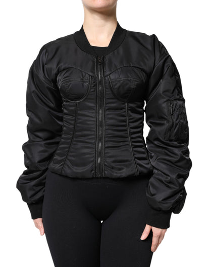 Dolce & Gabbana Schwarzes Nylon Full Zip Bustier Korsett Jacke