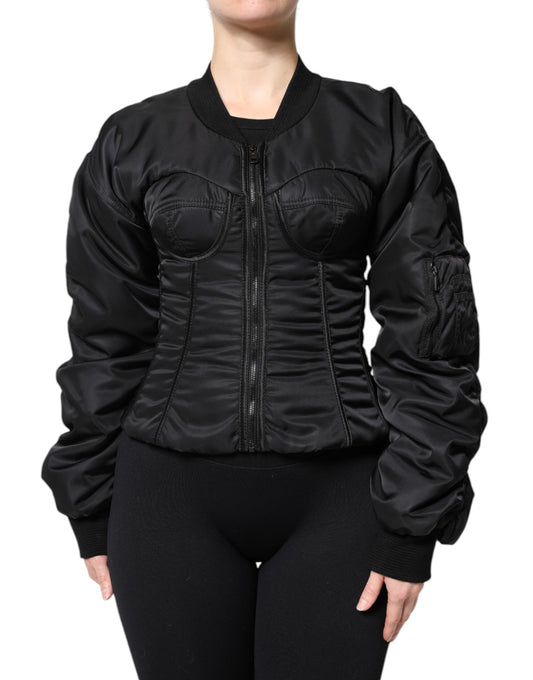 Dolce & Gabbana Schwarzes Nylon Full Zip Bustier Korsett Jacke