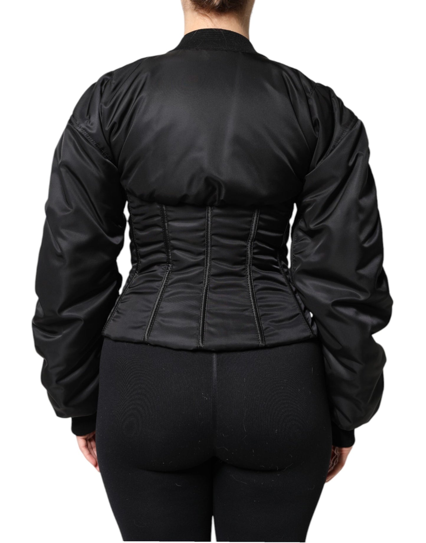 Dolce & Gabbana Schwarzes Nylon Full Zip Bustier Korsett Jacke