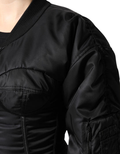 Dolce & Gabbana Schwarzes Nylon Full Zip Bustier Korsett Jacke