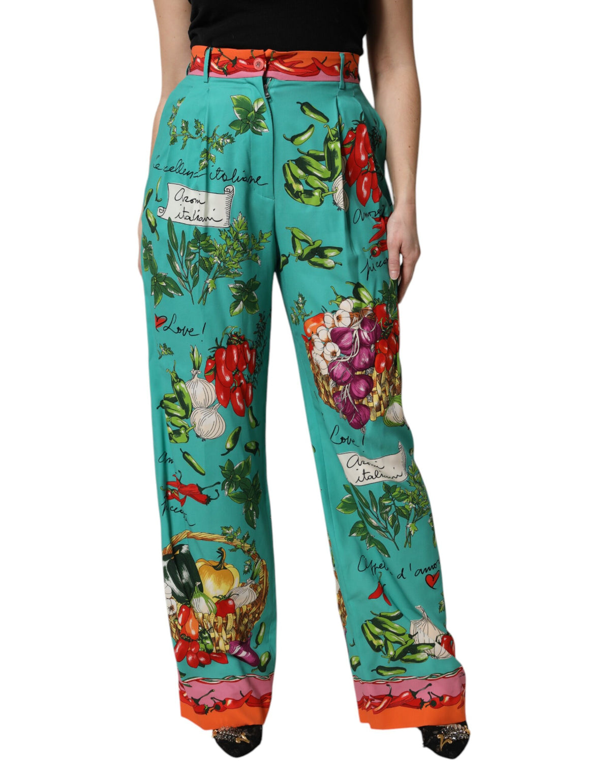 Dolce & Gabbana Grüne High-Waist Seidenhose mit Gemüseprint