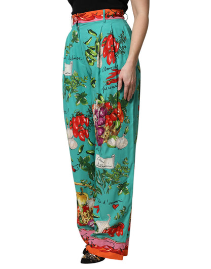 Dolce & Gabbana Grüne High-Waist Seidenhose mit Gemüseprint